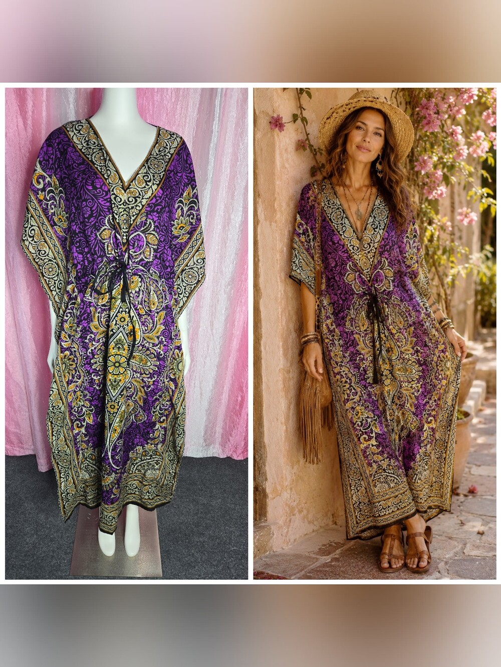 Bella Moda Bohemian Purple Floral Hippie Kimono Dress One Size